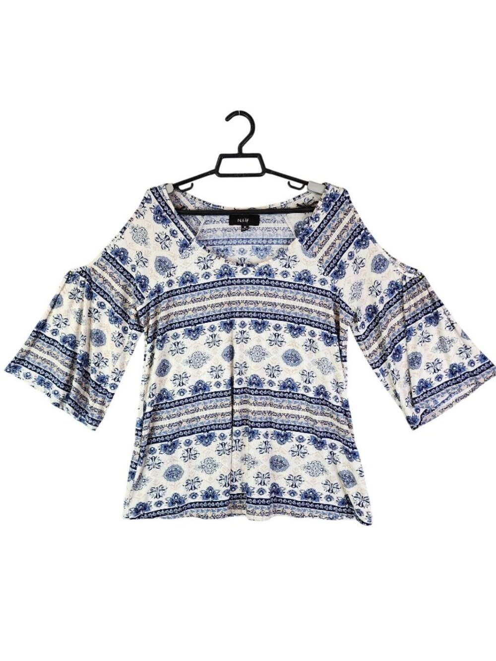 Womens Naif White & Blue Cold Shoulder Blouse Round Neck 3/4 Sleeve Size M